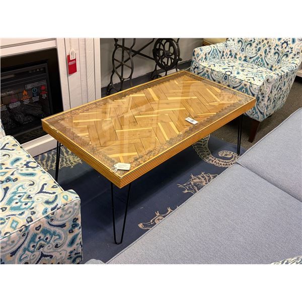 Iron Base Cedar Inset Glass Top Coffee Table w/Penny Trim