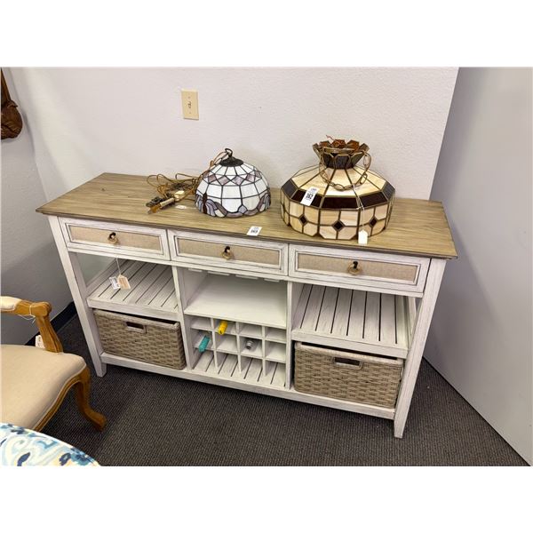 Distressed  5'  Wood Top Whitewash Base Hall Cabinet w/Wine Bottle Storage