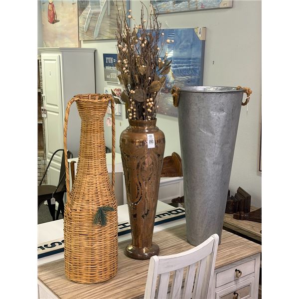 Large Metal/Wicker Vases  3  w/Silk Florals