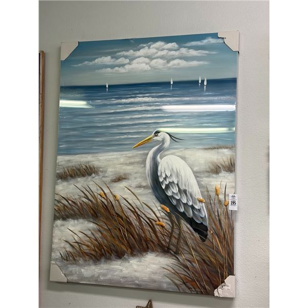 Unframed Oil On Canvas Heron Sea Scape Wall Art - Artist Signed - 30"  X  40"