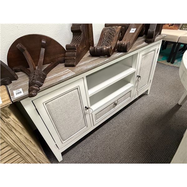 Distressed White Base Brown Plank Top Grey Paded Door Console Cabinet - 5'