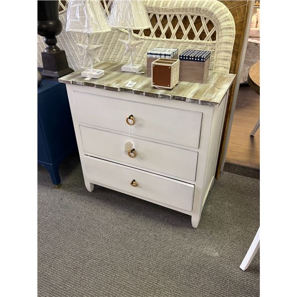 Distressed White Base, Brown Plank Top Rope Pull Handles 3 Drawer Chest