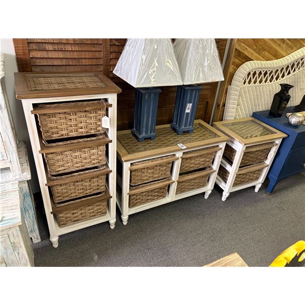Distressed White Base Oak Top w/Wicker Inlay Basket Drawer Tables Set - 4 Pc.