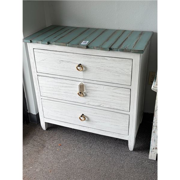 Distressed White w/Blue Plank Top 3 Drawer Chest w/Rope Pulls
