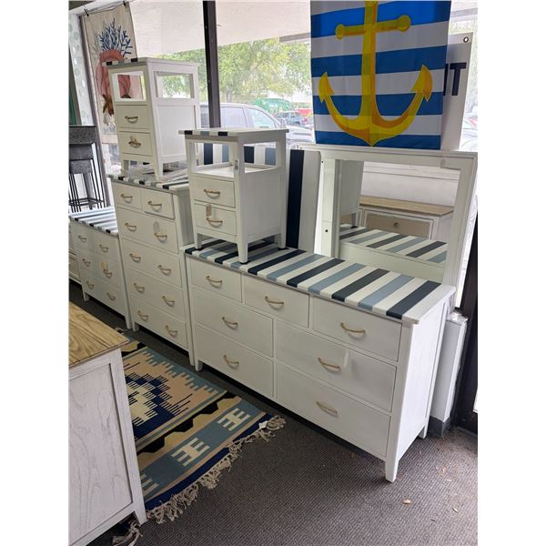 White w/Blue Striped Beach Style Rope Pull Dresser/End Tables/Headboard/Mirrors - 7 Pc.