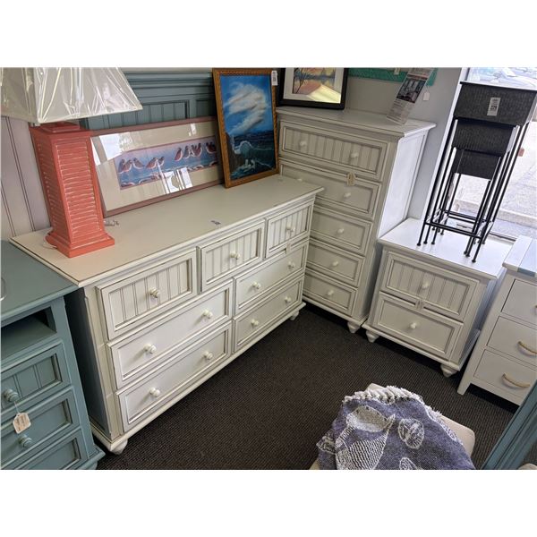 Distressed White 3/4 Dresser w/Blue 3 Drawer Chest, 2 Twin Headboards, 2 Miirors Set