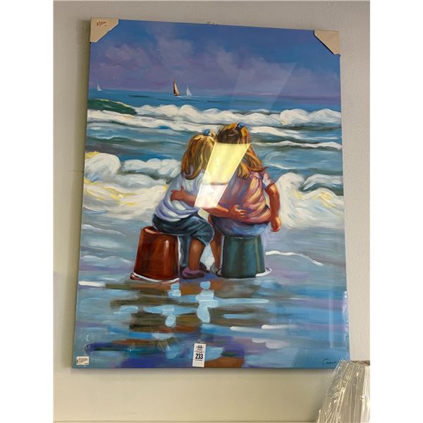 Unframed Oil On Canvas Kids on Beach - Artist Signed - 30"  X  48"