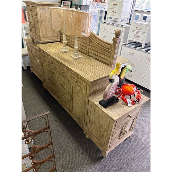 Distressed Oak Style Louver Door Dresser, Chest, 2 Nightstands, Headboard Set