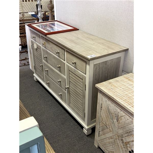 Distressed Grey Louvered Door White Trim Dresser w/Captiva Island Queen Headboard