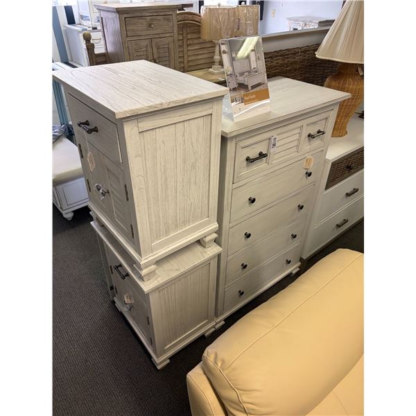 Distressed Bone Louvered Door 5 Drawer Chest, 2 Nightstands, White Framed Mirror - 4 Pc.