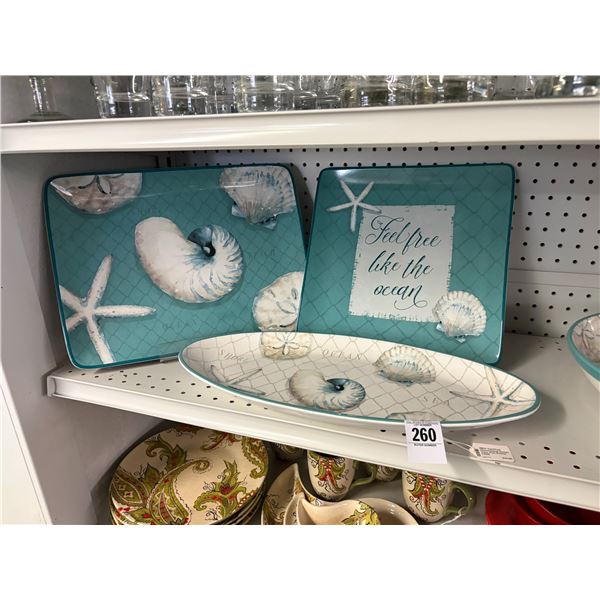 Shelf of Sea Shell Trays, Glass Decanters