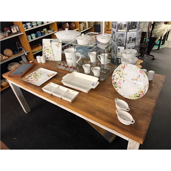 Large Lot Cookware, Floral Dishes, Dessert Dishes, Cut Boards on Table
