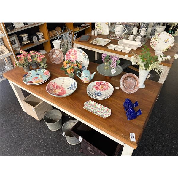 Large Lot of Floral Bowls, Potted Silks, Décor, Blue Birds on Table