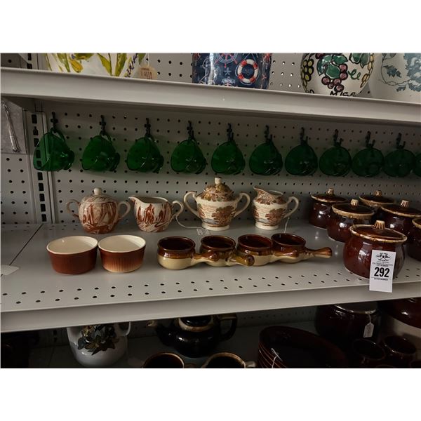 Large Lot Earthtone Dishware, Green Glass, Copper Chafer, Dining Accessories - 4 Shelves
