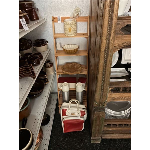 Wooden Tilt Display Rack w/Vintage Thermoses, Bowls, Jar