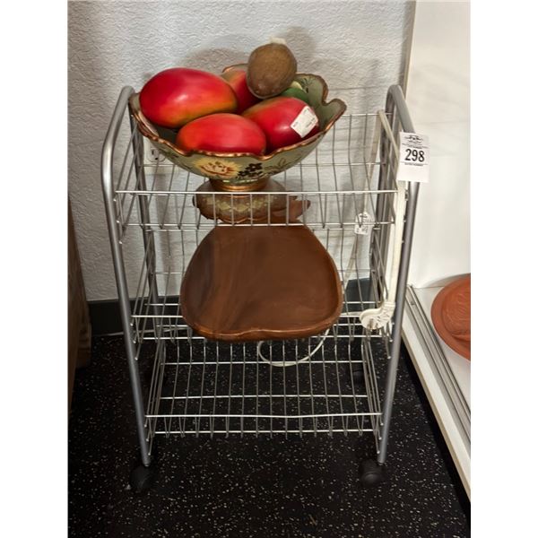 Small Wire Rolling Rack Basket Cart w/Wooden Fruit, Bowls