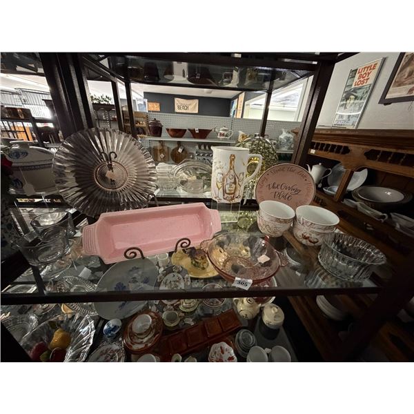 Carnival Glass, Green Glass, Depression Glass, Wine/Floral Motif, Asst. Dishes, Décor - 3 Shelves