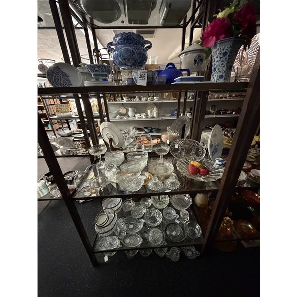 Asst. Pressed Glass, Bowls, Dishes, Glazed Diningware, Vase - 3 Shelves
