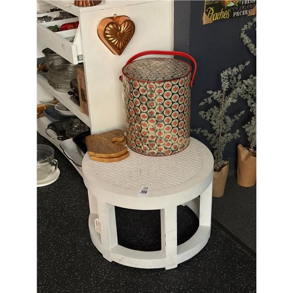 Painted White Round End Table, Shafer Vintage Cooler, Carved Wood Chicken Inspiration