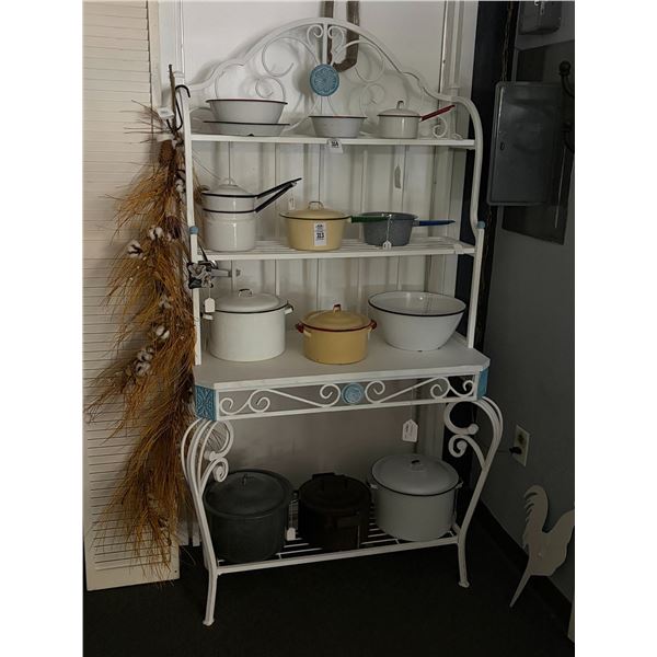 Painted White w/Blue Trim Ornate Baker's Rack