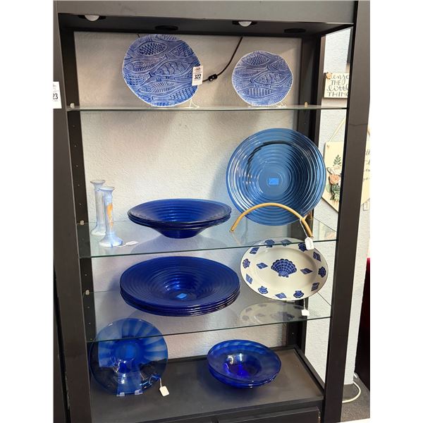 Fish Motif, Blue Glass Dishes, Bowls, Chargers, Candlesticks - 4 Shelves