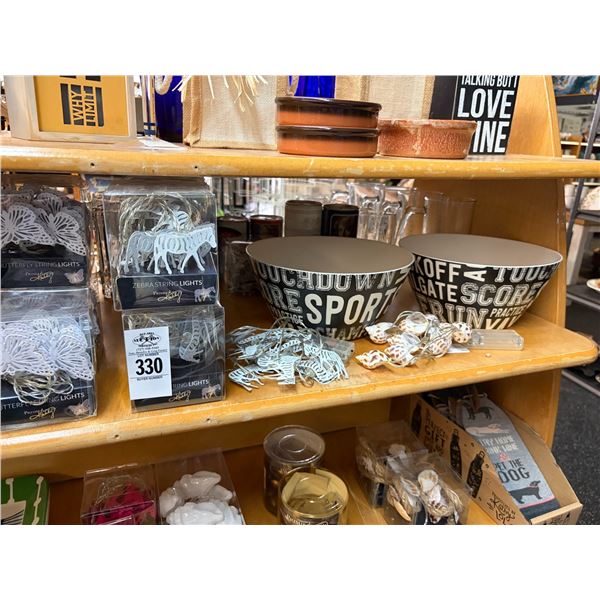 Shelf Lot w/Ornate String Lights, Sports Bowls