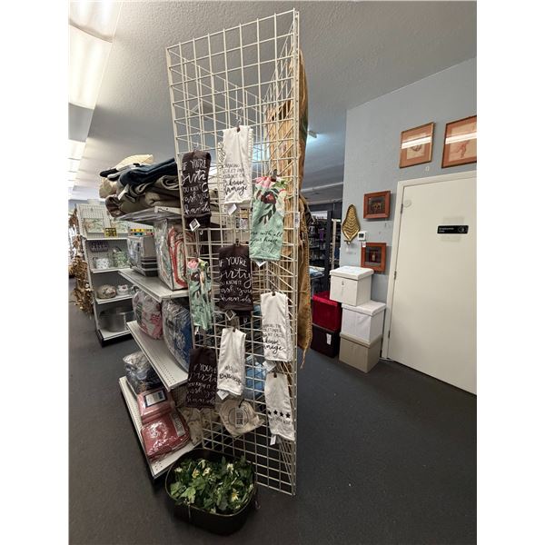 Asst. Dish Towels, Floral Bucket, Potato Sack Tapestries On Grid Wall Display