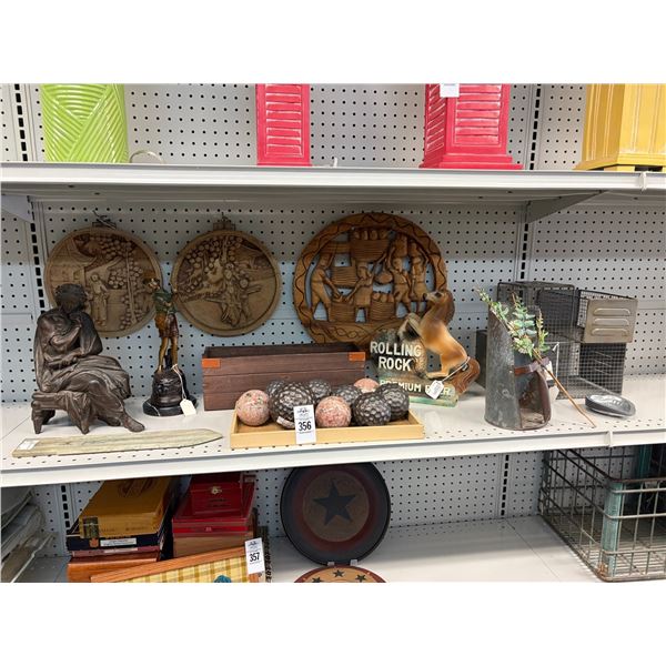 Shelf Lot Metal Baskets, Rolling Rock Ad, Figurines, Stone Ceremonial Blade, Spheres