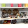Image 1 : Shelf Lot Metal Baskets, Rolling Rock Ad, Figurines, Stone Ceremonial Blade, Spheres