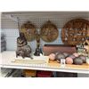 Image 2 : Shelf Lot Metal Baskets, Rolling Rock Ad, Figurines, Stone Ceremonial Blade, Spheres