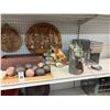 Image 3 : Shelf Lot Metal Baskets, Rolling Rock Ad, Figurines, Stone Ceremonial Blade, Spheres