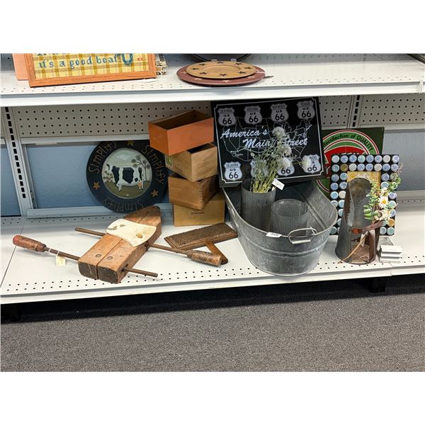 Vintage Wood Clamp, Galvanized Bucket, Souvenir Tins, Wooden Boxes, Décor - Bottom Shelf