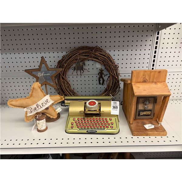 Tin Litho Typewriter, Lock Box, Décor on Shelf