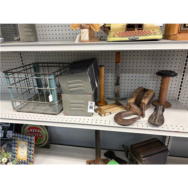 Vintage Middle Crates, Shoe Mold, Old Rulers, Décor on Shelf