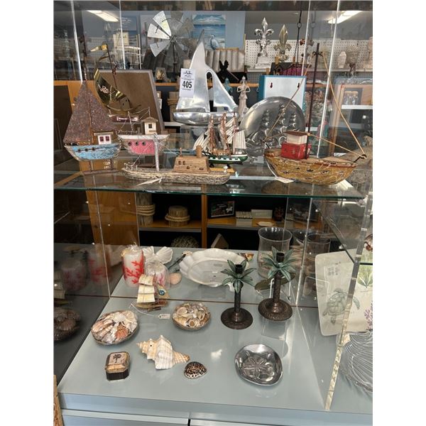 Asst. Ship Models, Palm Candlesticks, Sea Shells, Décor - 2 Shelves