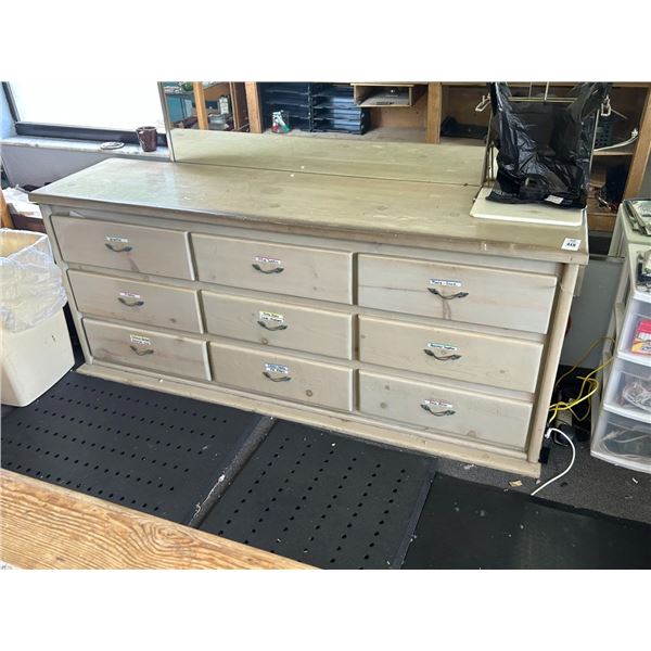 Nine Drawer Wooden Cabinet, Plastic Drawers, Slat Wall Display, Office Supplies