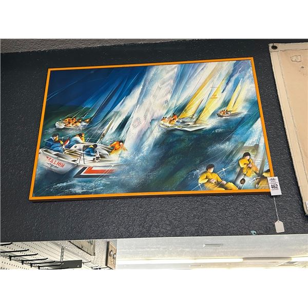 Framed Oil On Canvas Racing Sailboats Wall Art - 20"  X  30"