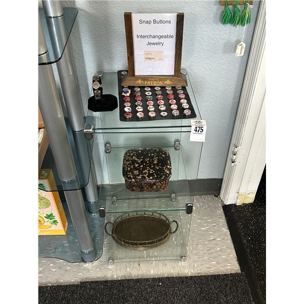 Snap Buttons Bracelet, Storage Box, Basket on Glass Cube Display