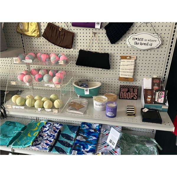 Bath Bombs, Porcelain Tub, Candles, Décor on Shelf