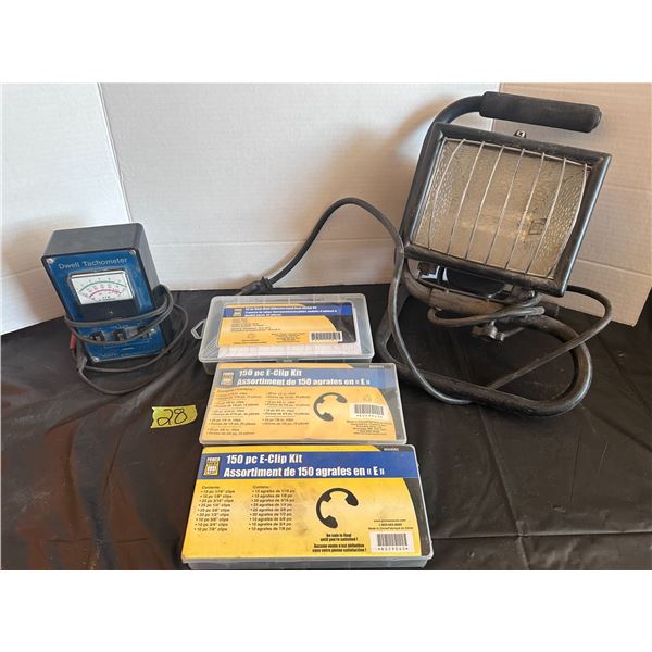 3 sets of 150 pc E-Clip assorted sizes, work lamp, tachometer