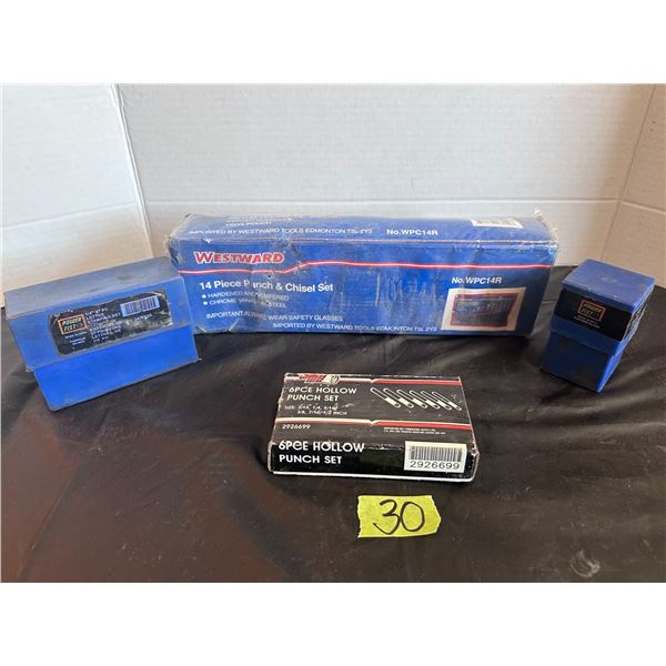 6 pc hollow punch set, 14 pc pinch & chisel set and more