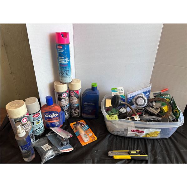 Garage essesials including cleaning products, bin of hand tool items