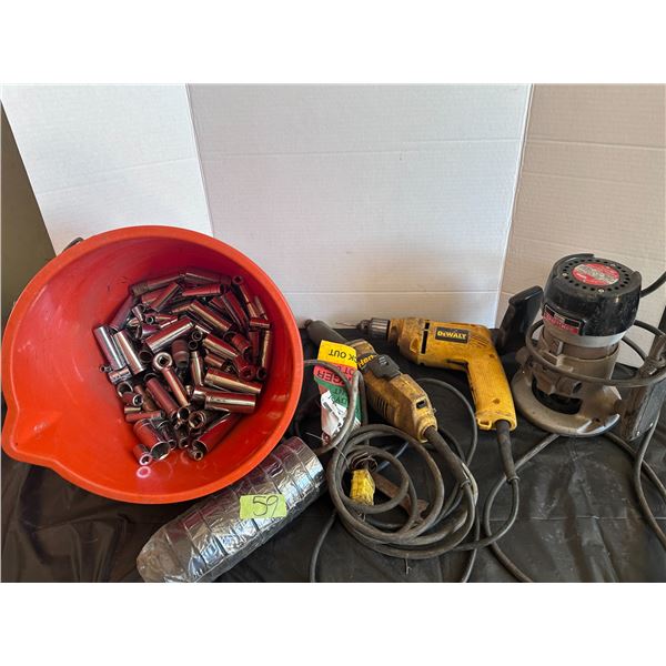Plunge router, DeWalt corded drill, sockets and more