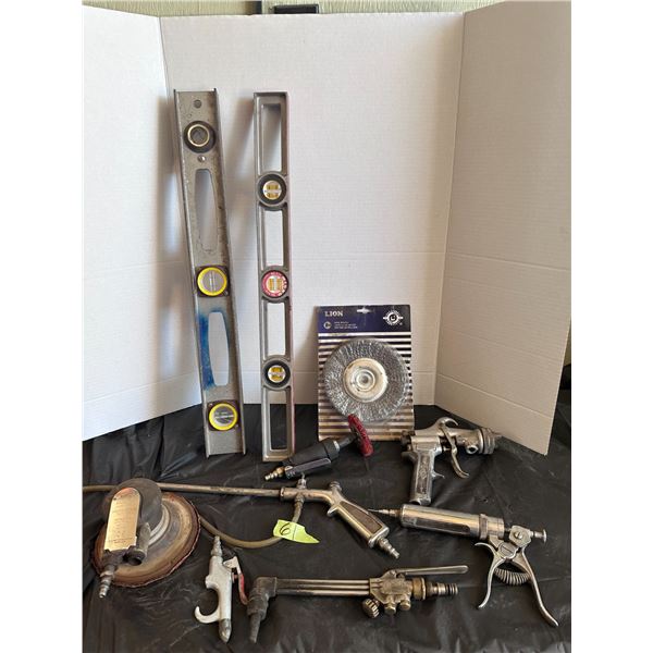 Level, lots of air tools including wire wheel, air sander and more