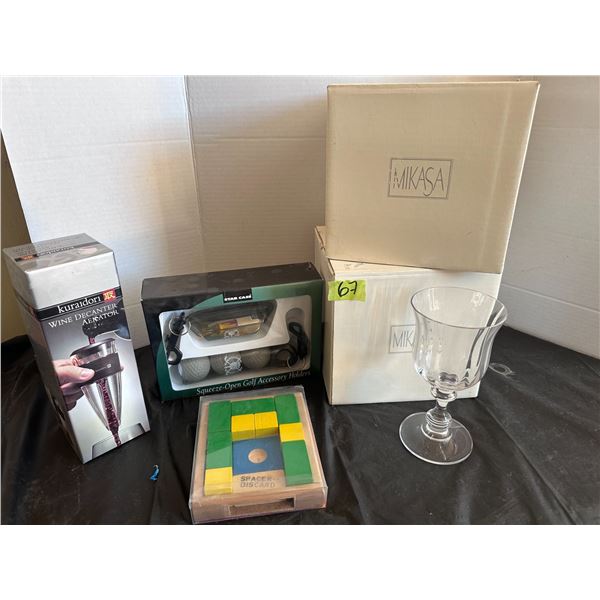 Wine Decanter, game, golf ball set, wine glasses