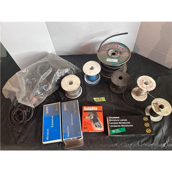 Assorted rolls of wire, miniature lamps and more