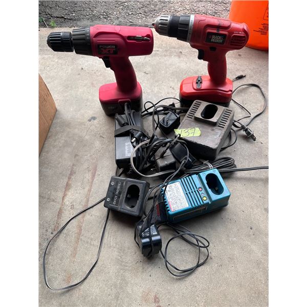 Cordless drills and assorted chargers
