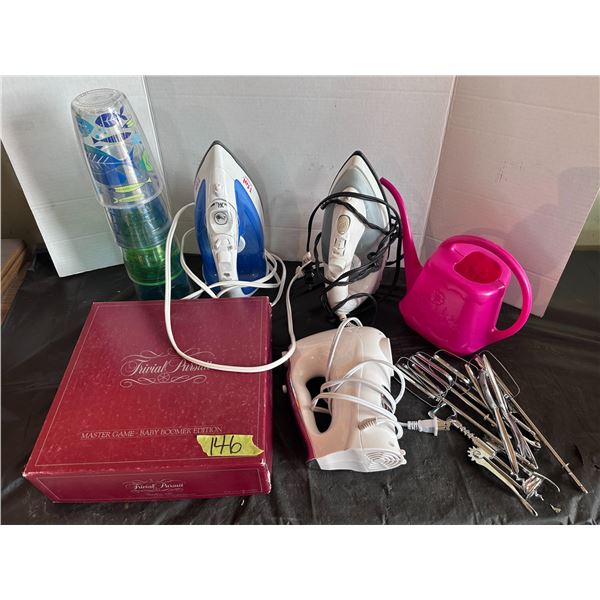 Hand mixer, 3 irons, Trival Pursuit board game and more