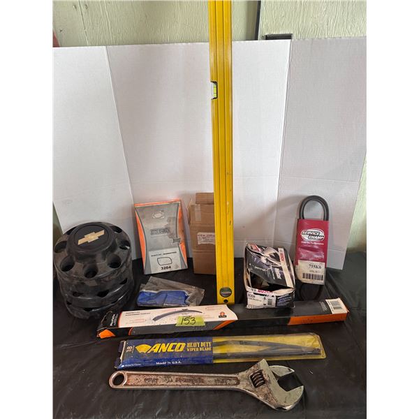 Wiper blades, Level, Chevy wheel covers/hubs, assorted parts and more