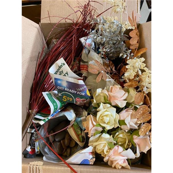 BOX LOT OF DECORATION FLOWERS AND OTHER DECOR